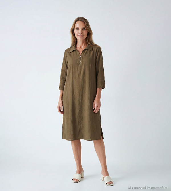 Textured Shirt Collar Midi Dress