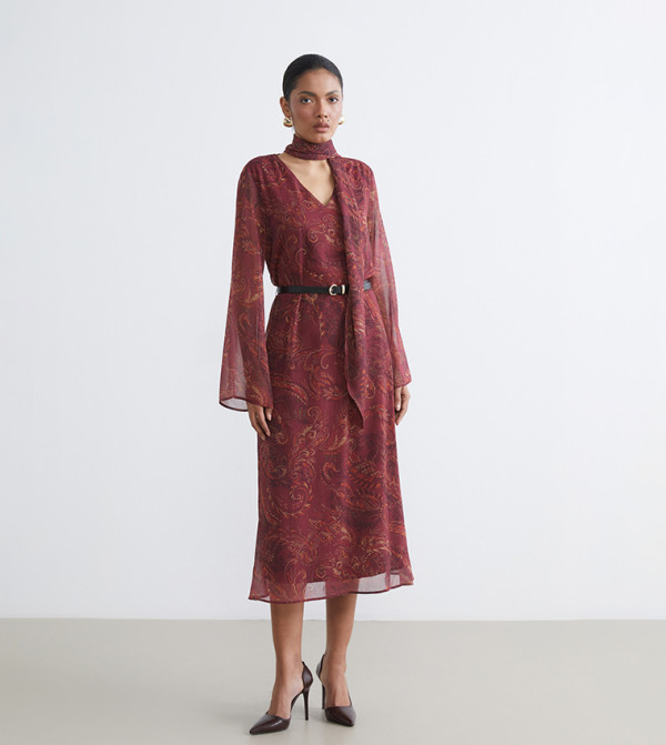 Patterned Flared Sleeves Belted Midi Dress