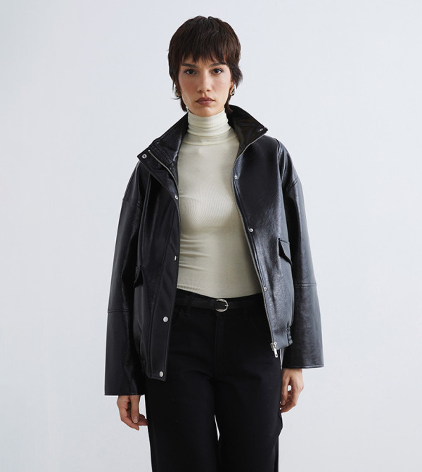 Long Sleeves Oversized Leather Jacket