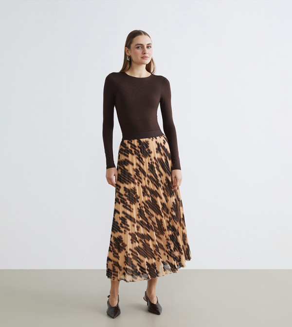 Patterned Pleated Chiffon Midi Skirt