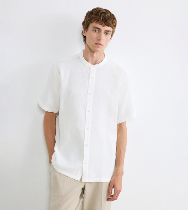 Solid Mandarin Collar Short Sleeves Muslin Shirt