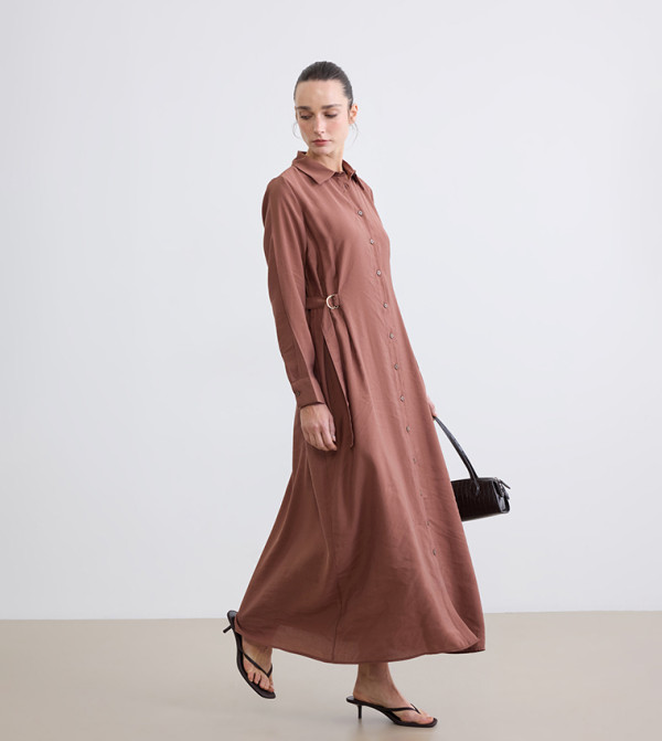 Solid Modal Blend Belted Long Sleeves Shirt Dress