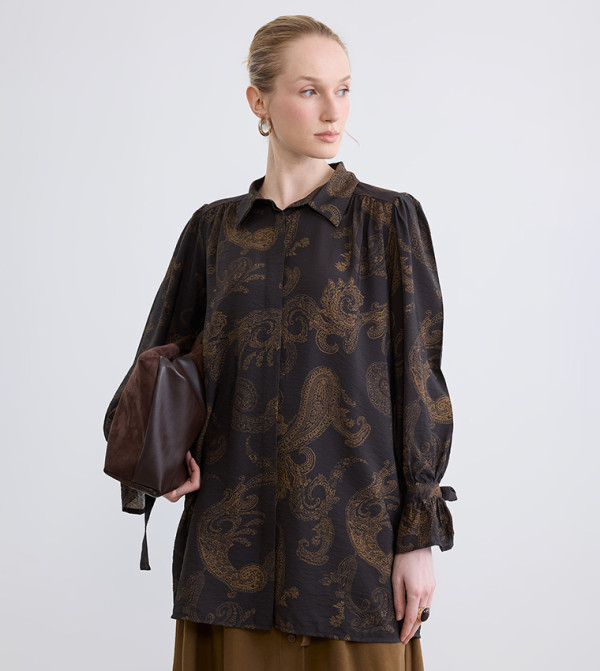 Patterned Ruched Oversized Shirt Tunic