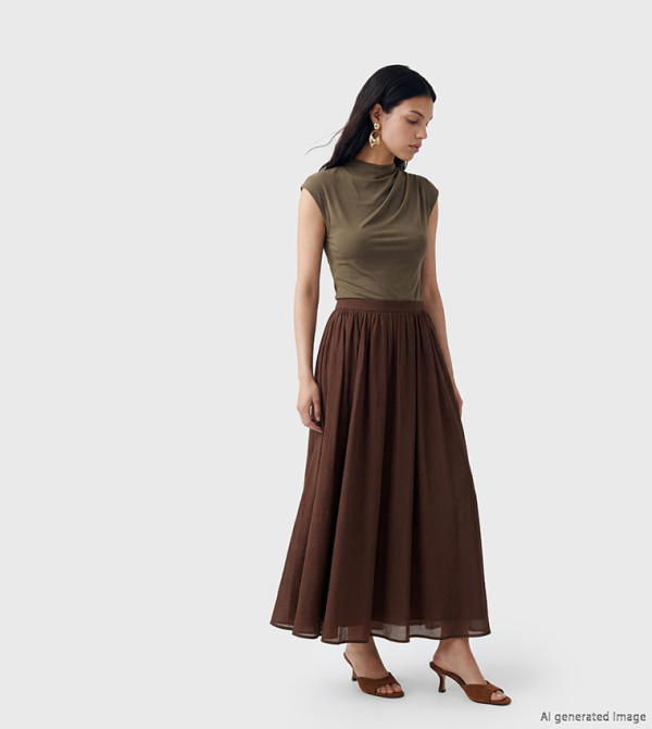 Solid Elastic Waist Pleated Midi Skirt