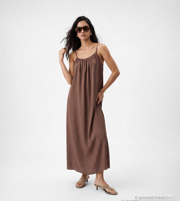 Pinstripe Gathered Scoop Neck Sleeveless A-Line Maxi Dress