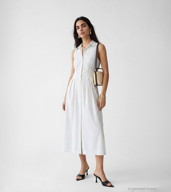 Pinstripe Collared Sleeveless Shirt Dress