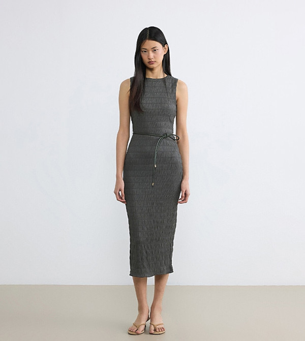 Textured Crew Neck Belted Midi Dress