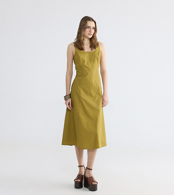 Square Neck A-Line Poplin Midi Dress