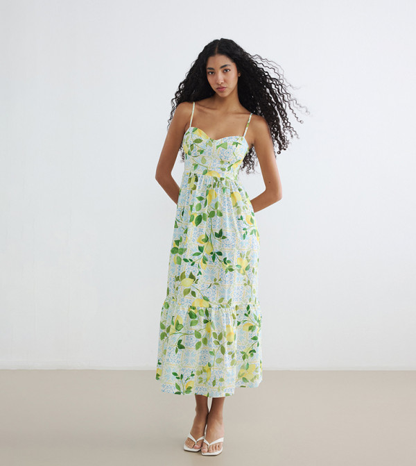 Lemon Tropical Print Sweetheart Neck Sleeveless Tiered Dress