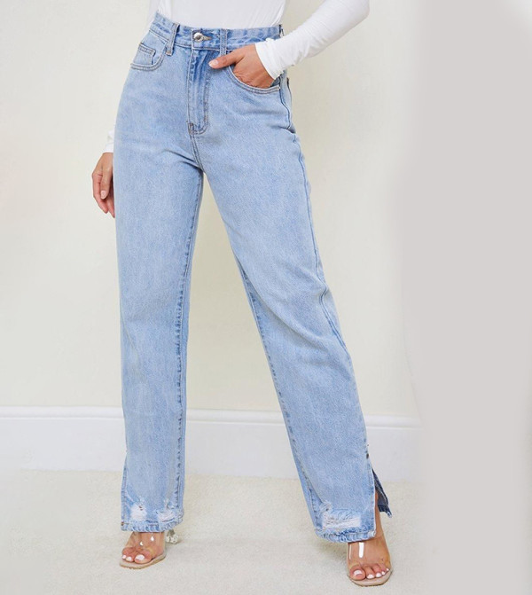 Petite Light Washed Ripped Split Hem Straight Fit Jeans