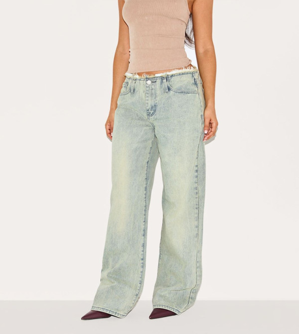 Petite Vintage Wash Fray Waist Low Rise Straight Fit Jeans