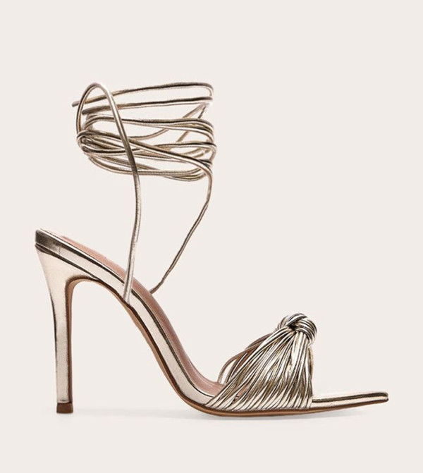 Metallic PU Pointed Toe Knotted Strappy Heel Sandals