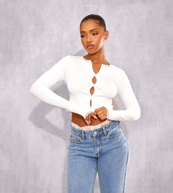 Lace Trim Contour Ribbed Button Up Long Sleeves Crop Top