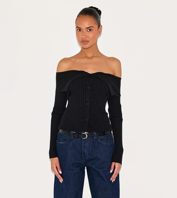 Ribbed Knit Fold Over Button Up Top