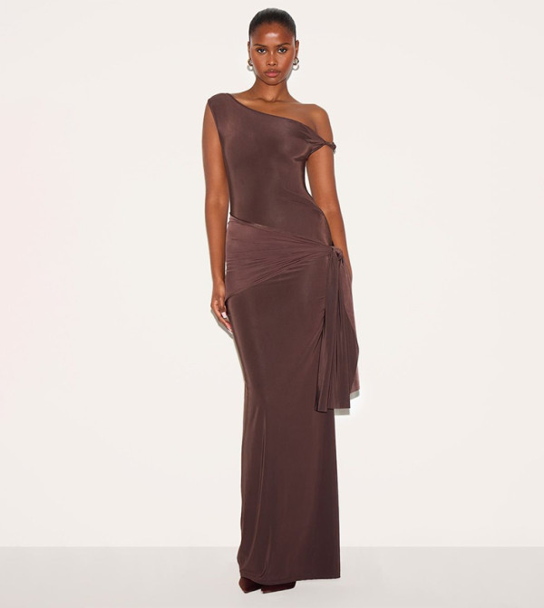 Slinky Off Shoulder Wrap Detail Maxi Dress