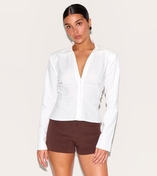 Petite Linen Look Shoulder Padded Fitted Shirt