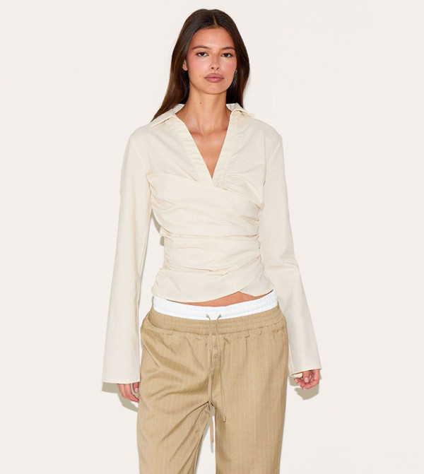 Linen Blend Fitted Wrap Detail Top