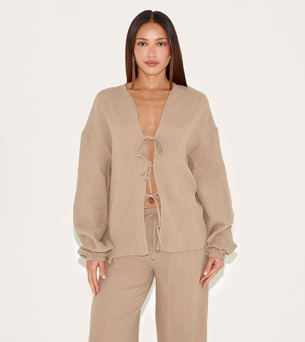 Tall Textured Cheesecloth Tie Front Shirt