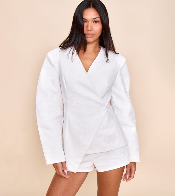 Premium Linen Tailored Cocoon Sleeves Cinched Blazer