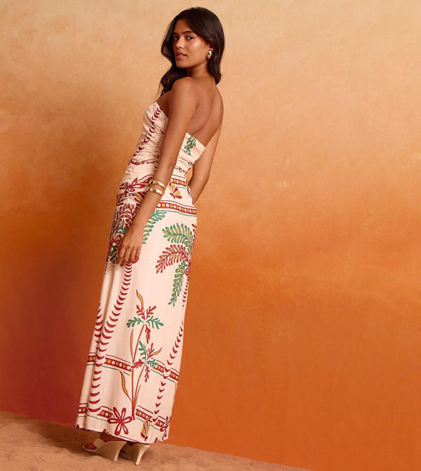 Printed Strapless Ruched Detail Maxi Dress