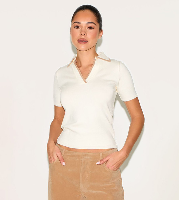 Knitted Contrast Polo Collar Top