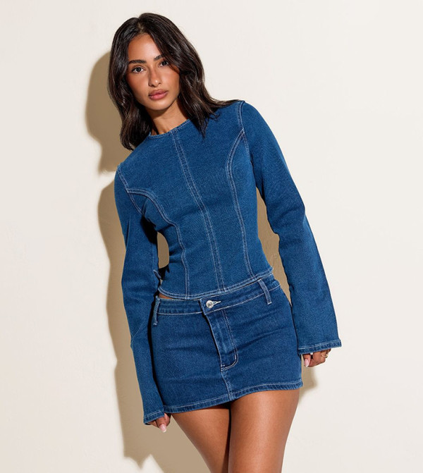 Petite Wash Contrast Stitch Long Sleeves Open Back Top