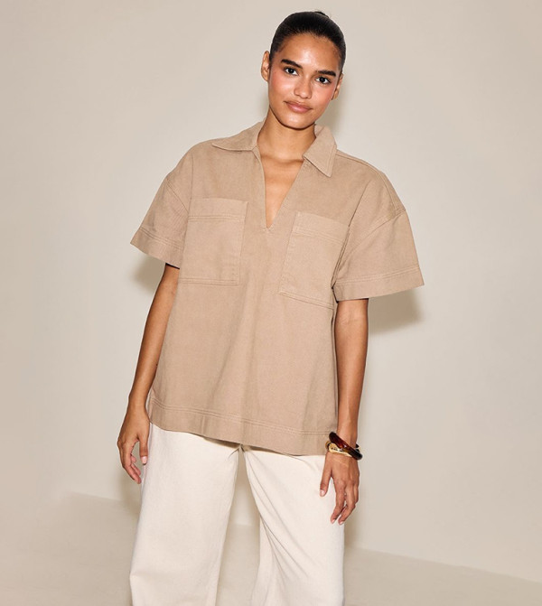 Boxy Pocket Detail Short Sleeves Denim Rugby Shirt
