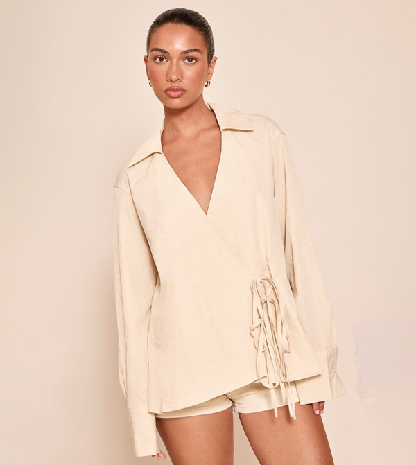 Stone Detail Textured Wrap Tie Shirt