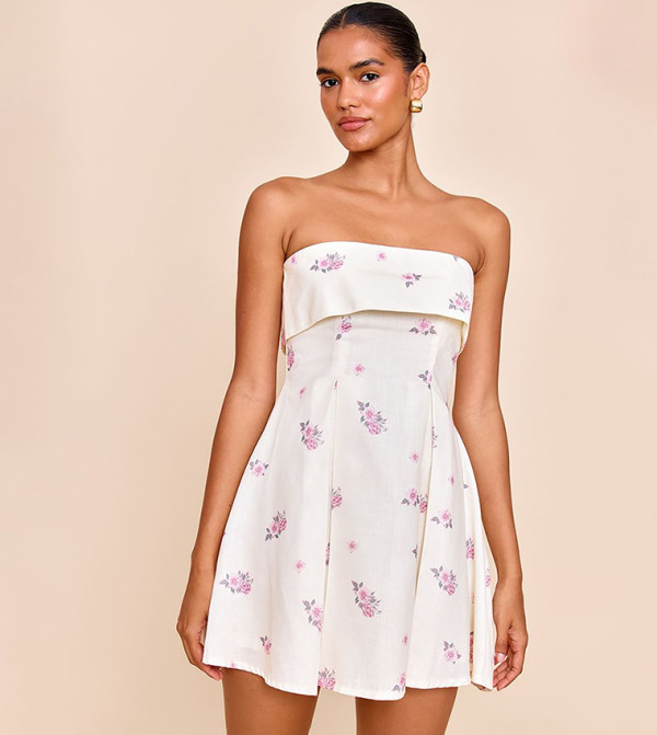 Floral Printed Linen-Blend Strapless Fold Over Shift Mini Dress