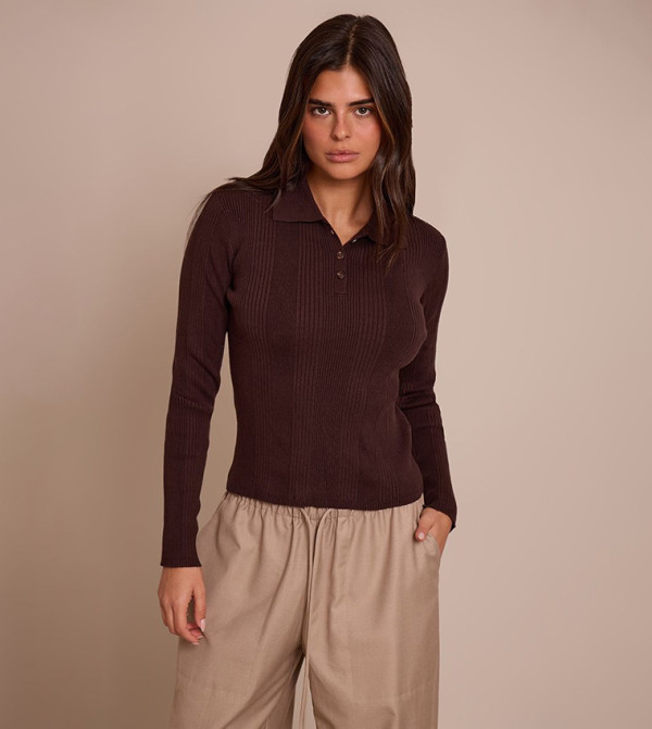 سويتر محبوك مرن كم طويل بقبة بولو