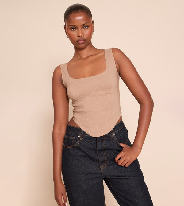 Marl Stretch Woven Square Neck Corset Top