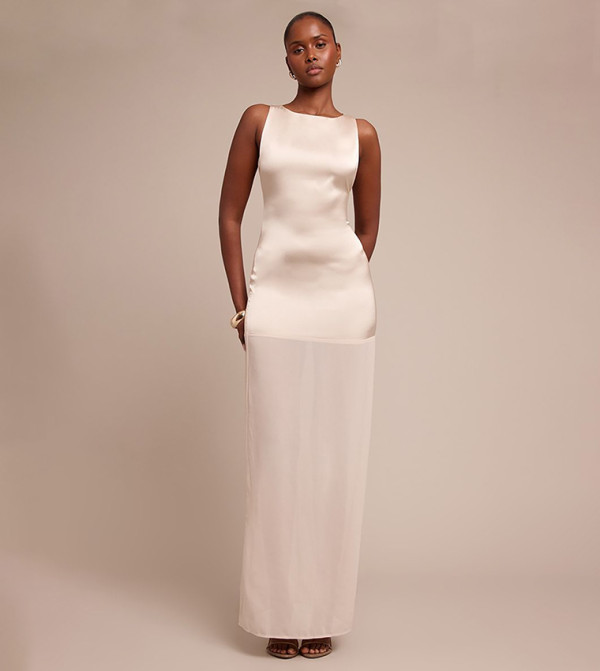 Satin Boat Neck Chiffon Detail Maxi Dress