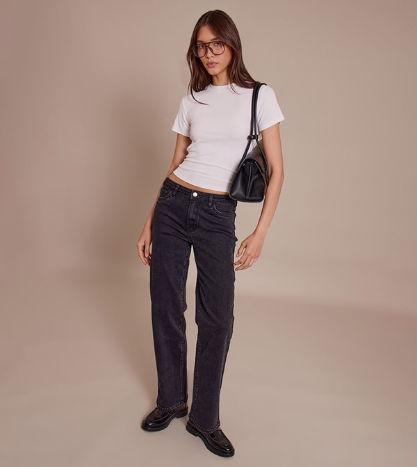 بنطلون جينز مغسول بخصر متوسط 