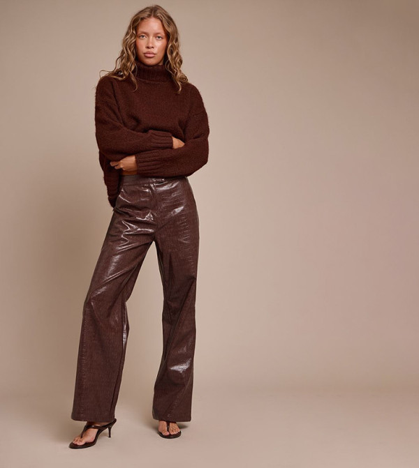 Faux Leather Croc Print Straight Fit Trousers