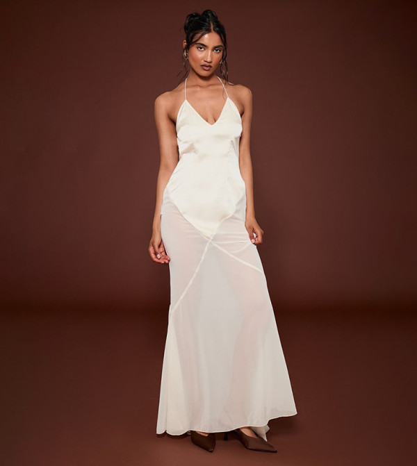 Oyster Satin Contrast V-Neck Maxi Dress