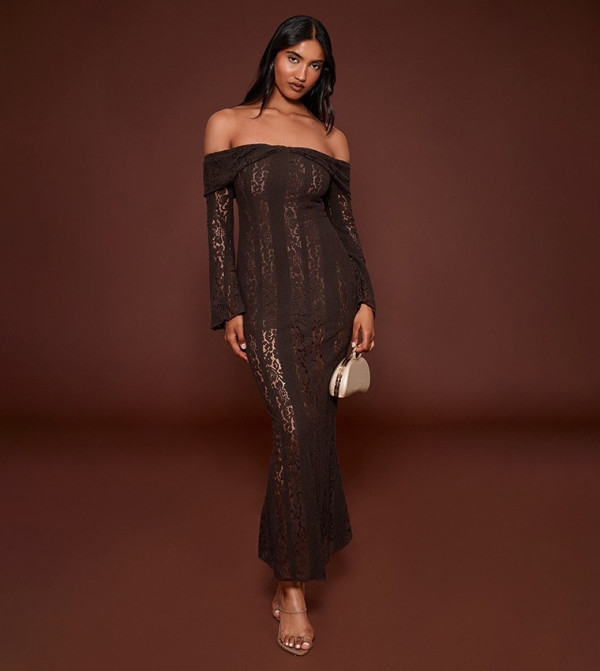 Lace Fold Over Strapless Maxi Dress