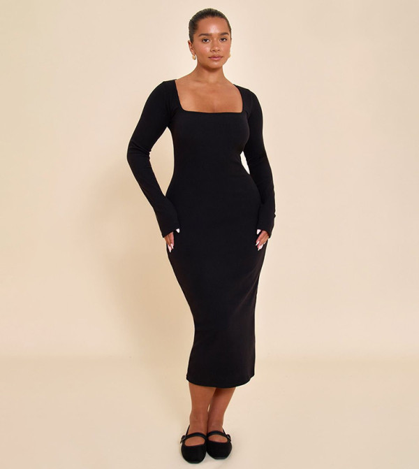Shape Micro Ribbed Square Neck Long Sleeves Maxi Dress