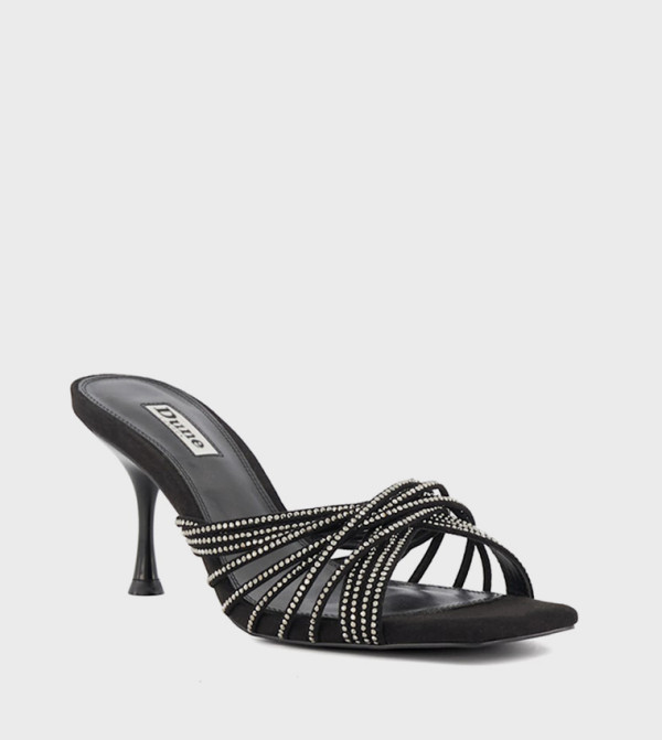 BLACK Embellished Square Toe Heeled Sandals