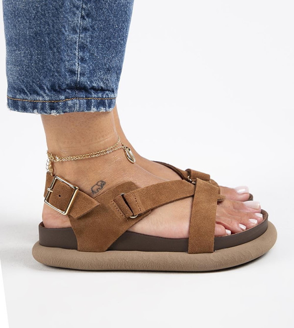 AZELYA Genuine Leather Buckle Strap Comfort Sandals