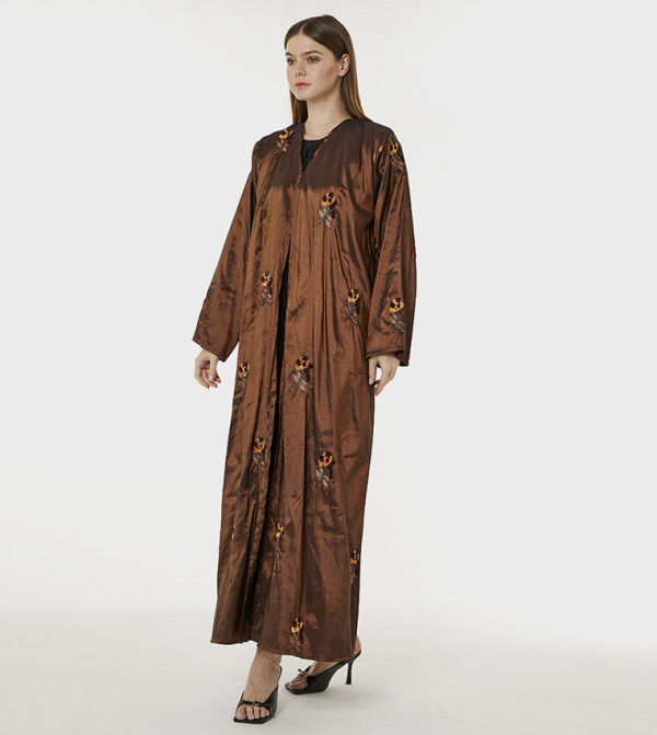 Embroidered V-Neck Taffeta Abaya