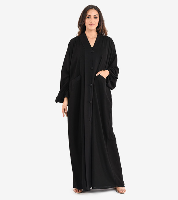 Long Sleeve V Neck Abaya - Black