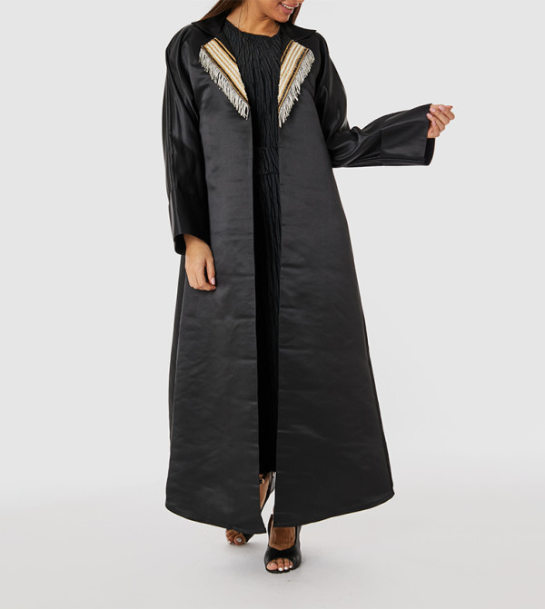 Contrast Lace Detail Lapel Collar Abaya