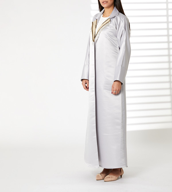 Fringe Detail Lapel Collar Abaya