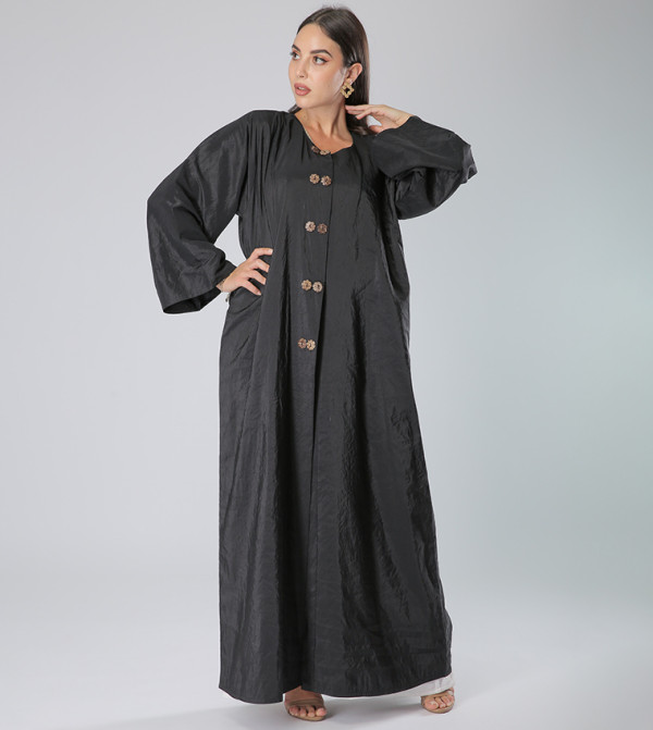 Button Detailed Long Sleeves V-Neck Abaya