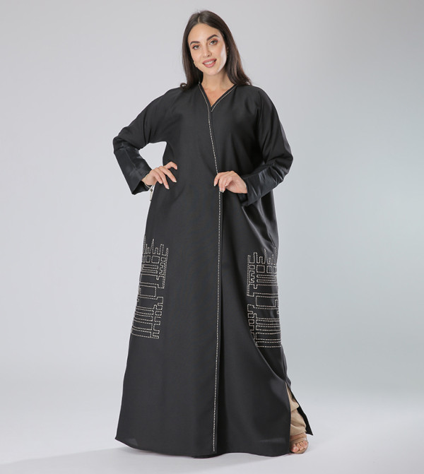 Sticth Detailed Long Sleeves V-Neck Abaya