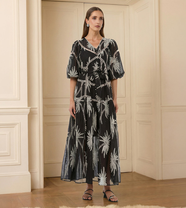 Embroidered Puff Sleeves Midaxi Dress
