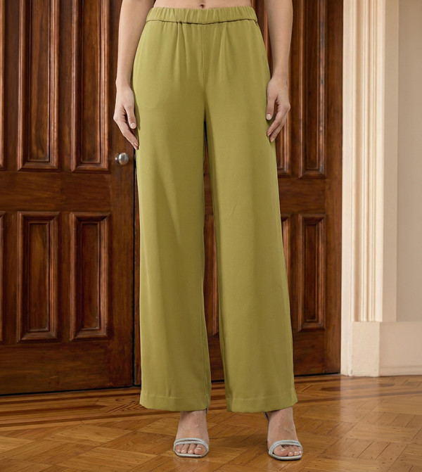 Solid Elastic Waist Wide Leg Pants
