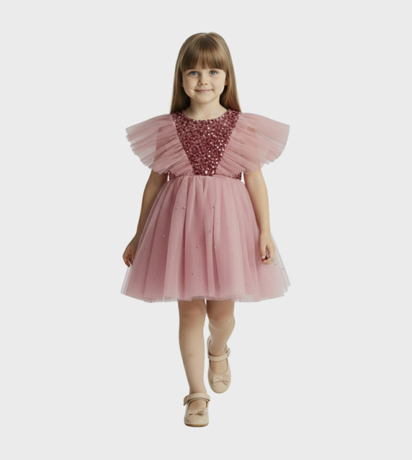 Sequins Embellished Flutter Sleeves Tulle Dress