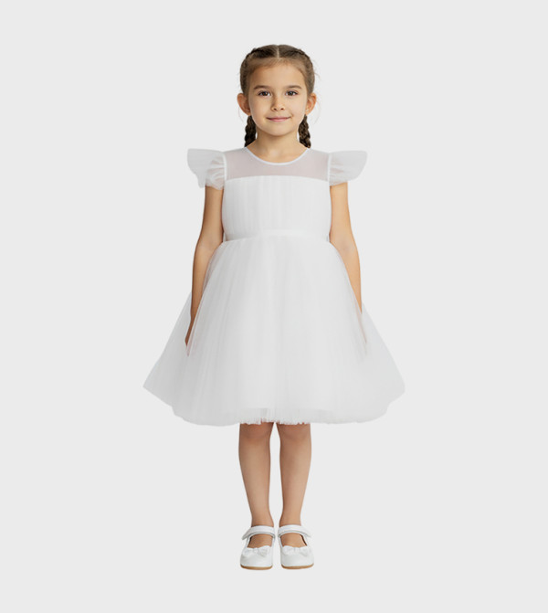 Flutter Sleeves Fit and Flare Tulle Dress