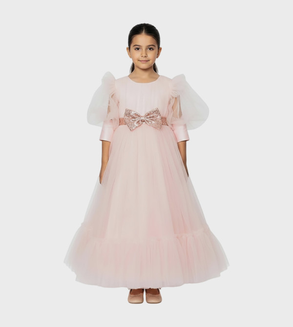 Bow Detailed Puff Sleeves Tulle Gown